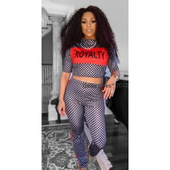 Miz Red Royalty Checkered Black & Gray Crop Top & Bodycon Legging Set XL - Picture 6 of 7
